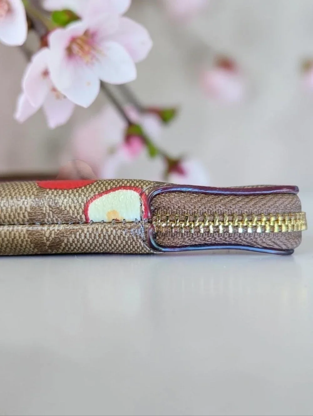 Coach Cherry Print Signature Wristlet in Brown with Red Accents